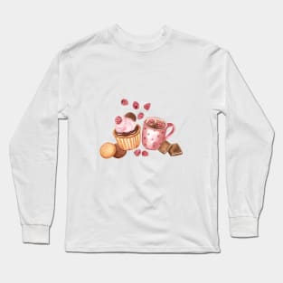 Raspberry cupcake and Hot Chocolate Watercolor Illustration Long Sleeve T-Shirt